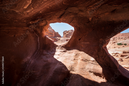View from the cave of the tombs and landscapes of the city of Petra in Jordan