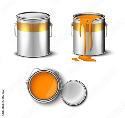 set of paint can orange color  top and side view. packaging mockup template 
