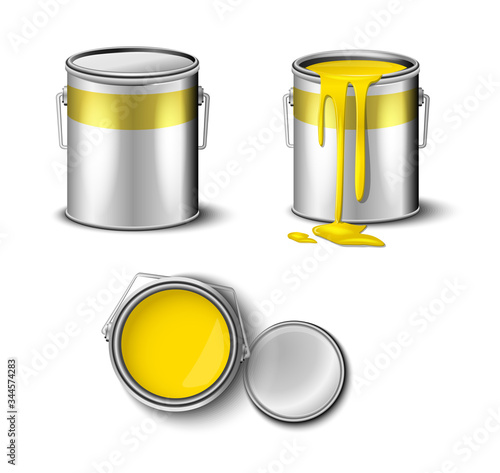 set of paint can yellow color  top and side view. packaging mockup template 
