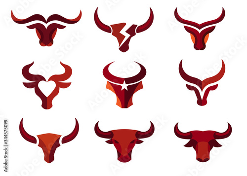 Bull head vector logo set concept illustration, simple Buffalo head logo, Bull horn logo