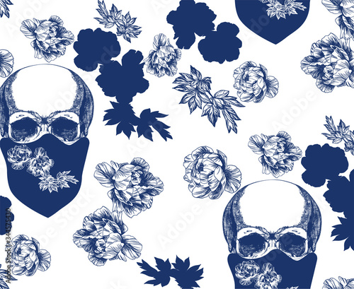 Vintage blue skull in bandana with flowers seamless pattern 