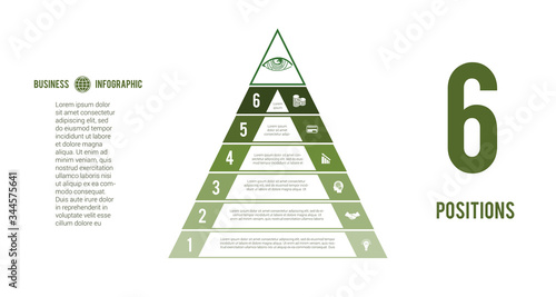 Business process infographic template. Pyramid for 6 text areas. Eye of Providence. Сoncept of successful financial activities. Green tint