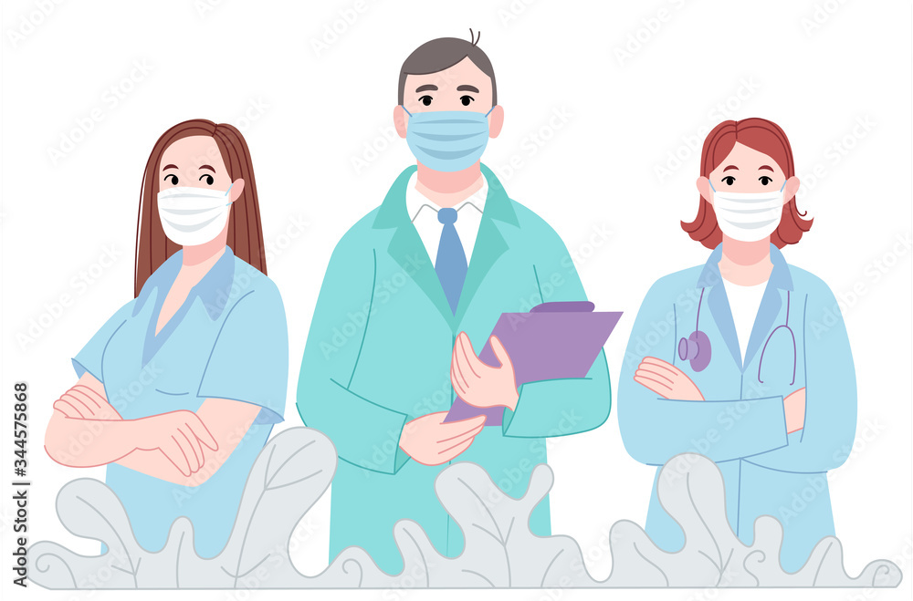 Thank you doctor and Nurses. Set of characters of doctors in overalls. Stop the epidemic.Fight against covid-19 viruses. Doctor wearing face mask