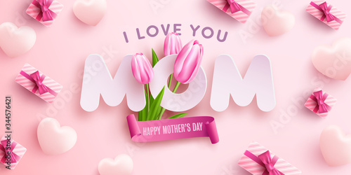 "I Love You MOM" Mother's Day Poster or banner with sweet hearts,flower and pink gift box on pink background.Promotion and shopping template or background for Love and Mother's day concept
