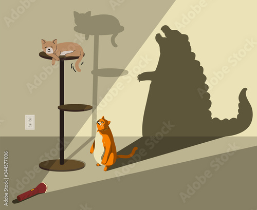 Fat orange cat looking up to a brown cat sleeping on top of the pole, casting shadow of beast to show inner power. Self confidence concept