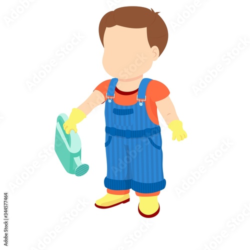 Boy in a denim overall holding a watering can