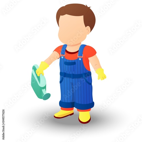 Boy in a denim overall holding a watering can