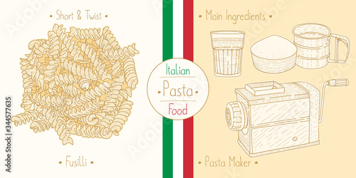 Cooking italian food shaped Pasta Fusilli, ingredients and equipment