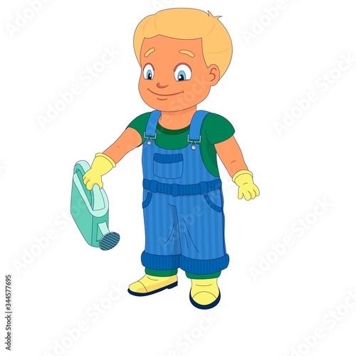 Smiling boy in a denim overall holds watering can