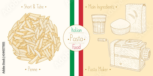 Cooking italian food tube Pasta Penne, ingredients and equipment