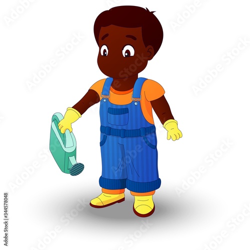 Boy in a denim overall holding a watering can