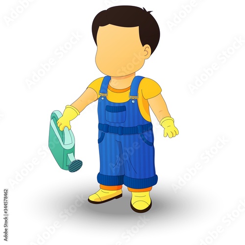 Boy in a denim overall holding a watering can