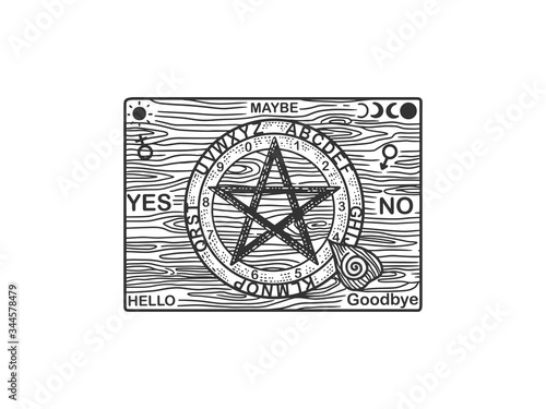 ouija spirit talking board sketch engraving vector illustration. T-shirt apparel print design. Scratch board imitation. Black and white hand drawn image.