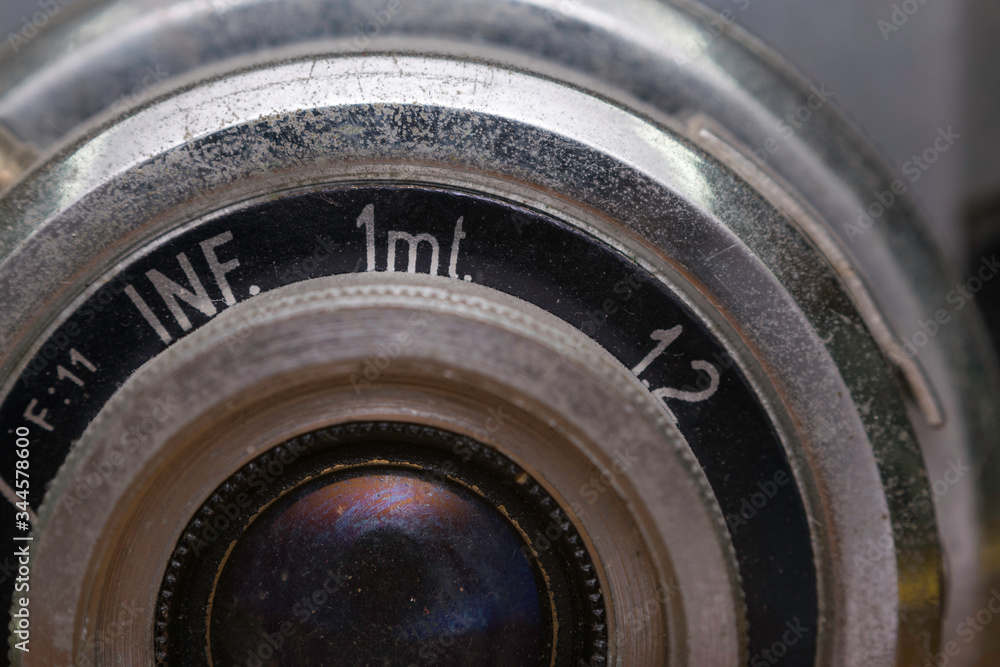 Macro detail of an old camera, detail of the lens with numbers