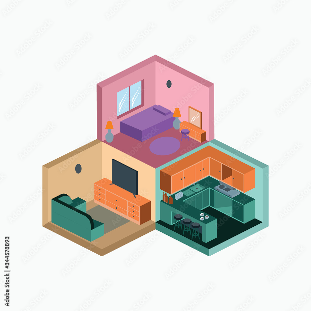 isometric interior building - bedroom living room and kitchen cartoon graphic
