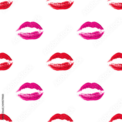 Seamless pattern of red and pink lipstick kiss print on white background isolated  sexy lips makeup stamp repeating ornament  trendy makeup wallpaper  beauty backdrop  fashion banner  love design