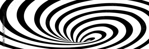 Vector abstract illustration of swirl vortex with stripes. Trendy 3d background in op art style, optical illusion. Long horizontal banner photo