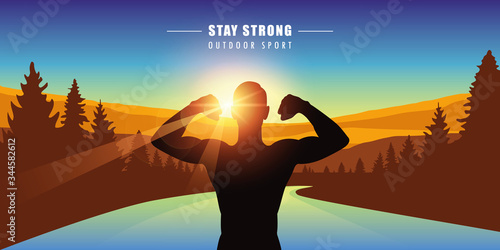 strong man silhouette outdoor sport by the river in nature vector illustration EPS10