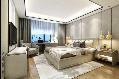 3D rendering modern bedroom suite in hotel with tv and work table