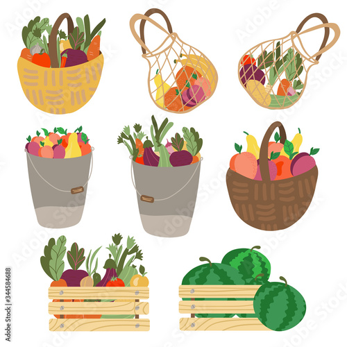 set of basket, shopping bag, box with fruits and vegetables. Mesh eco bag full of fruit and vegetable isolated on white background. Modern shopper with fresh organic food from local market.