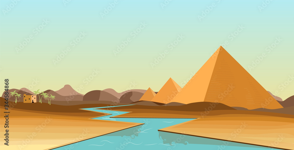 Egypt desert with pyramid and Nile Egypt desert with pyramid and Nile