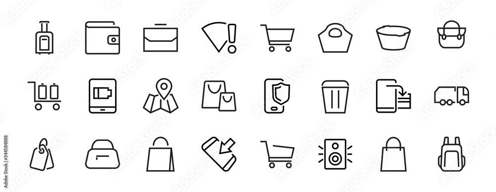 Simple set of bags, shopping and travel icons. Vector illustration Contains icons such as Card, wallet, shopping basket, discount, bowl, package. On a white background, editable stroke