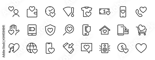  The set of icons about love contains such icons as love of music, declaration of love, heart, favorite home, Linear set. Vector on a white background. Editable stroke. 480x480