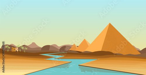 Egypt desert with pyramid and Nile