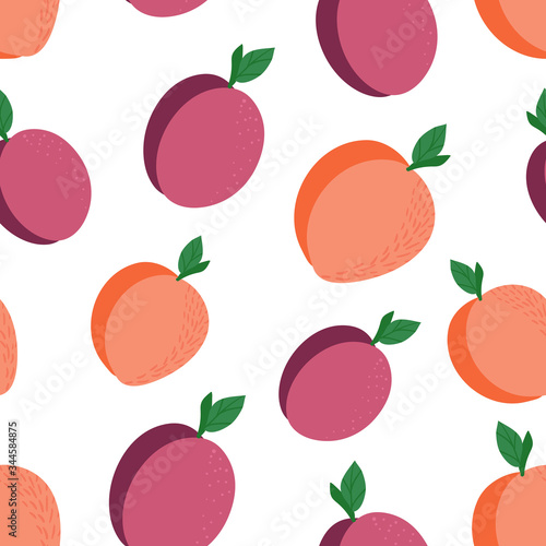 Seamless pattern with bright summer tropical plum, peach print. Bright flat vector illustration. can be used for print, textile, background.