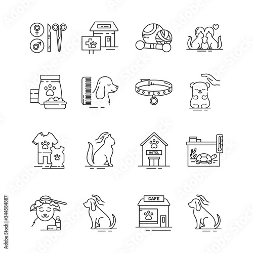Pet care black line icons set. Providing great services for pets. Improving their life. Pictogram for web page, mobile app, promo. UI UX GUI design element. Editable stroke.