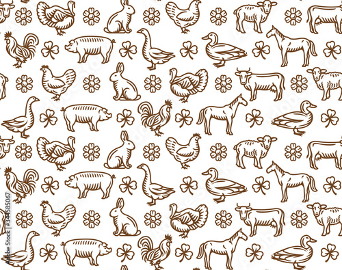 Seamless pattern with farm animals and birds vector isolated illustrations for groceries  meat stores  restaurant menu