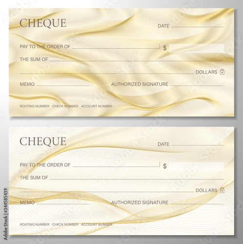 Check, Cheque (Chequebook template). Guilloche pattern with abstract line gold watermark. Golden background for banknote, money design, currency, bank note, Voucher, Gift certificate, coupon