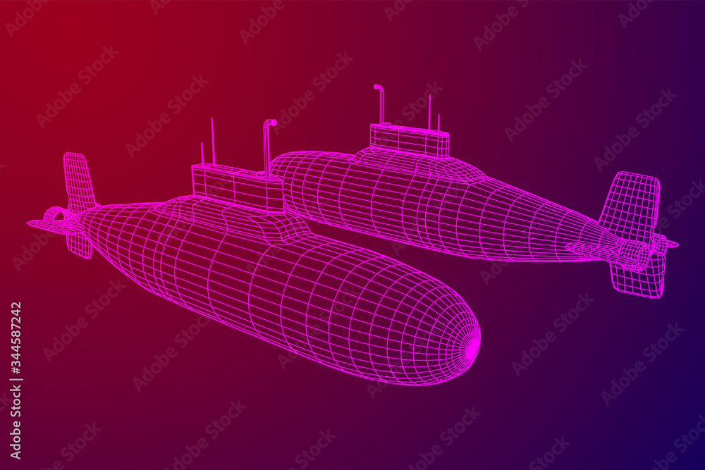 Fototapeta premium Military atomic submarine underwater boat. Wireframe low poly mesh vector illustration