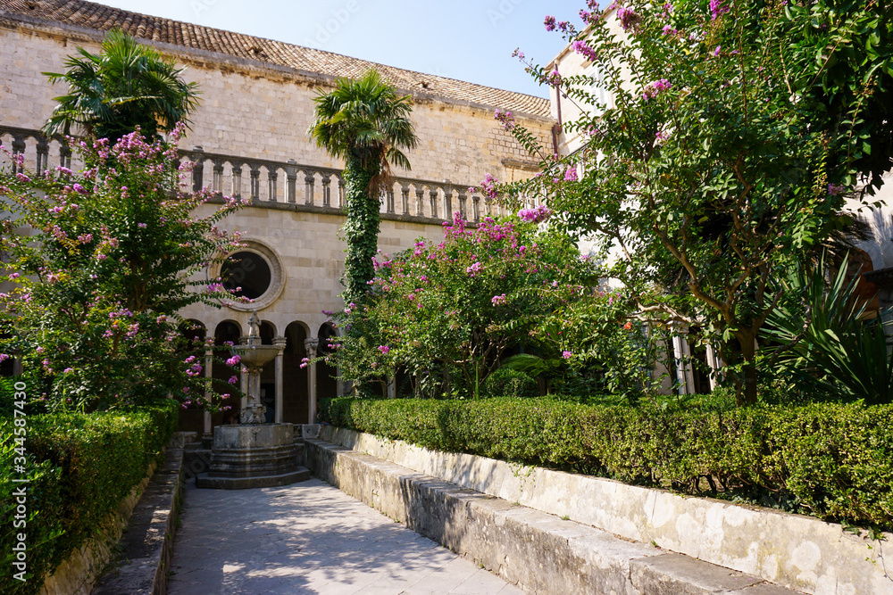Beautiful garden with dense greenery and flowers inside the Franciscan monastery, Dubrovnik, Croatia