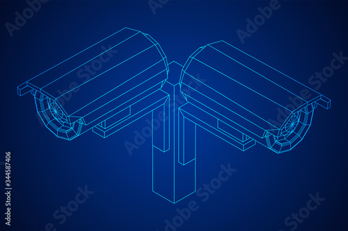 Modern video camera. Webcam viewing area. Safety, security concept. Wireframe low poly mesh vector illustration.