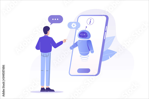 Chatbot ai and customer service concept. Young man talking with chatbot in a big smartphone screen. Chat bot virtual assistant via messaging. Customer support. Helping. Vector isolated illustration