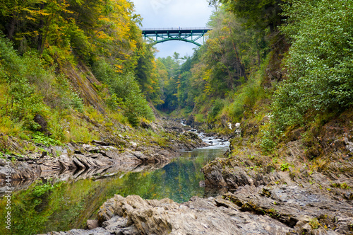 Quechee Gorge Vermont aerial shot drone forest river rocks
