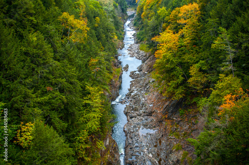Quechee Gorge Vermont aerial shot drone forest river rocks