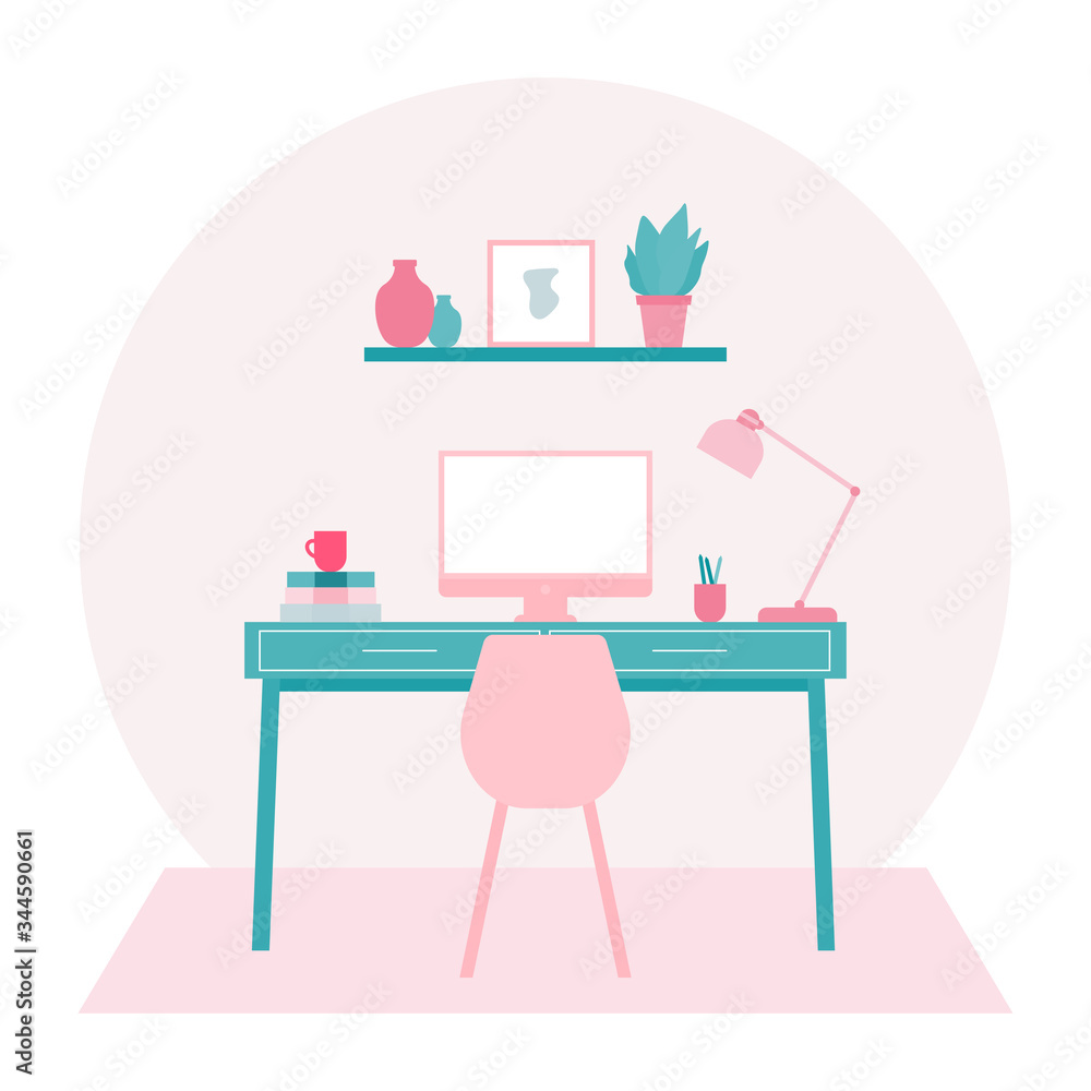 Home office interior design with furniture: computer,desk,chair,table ...