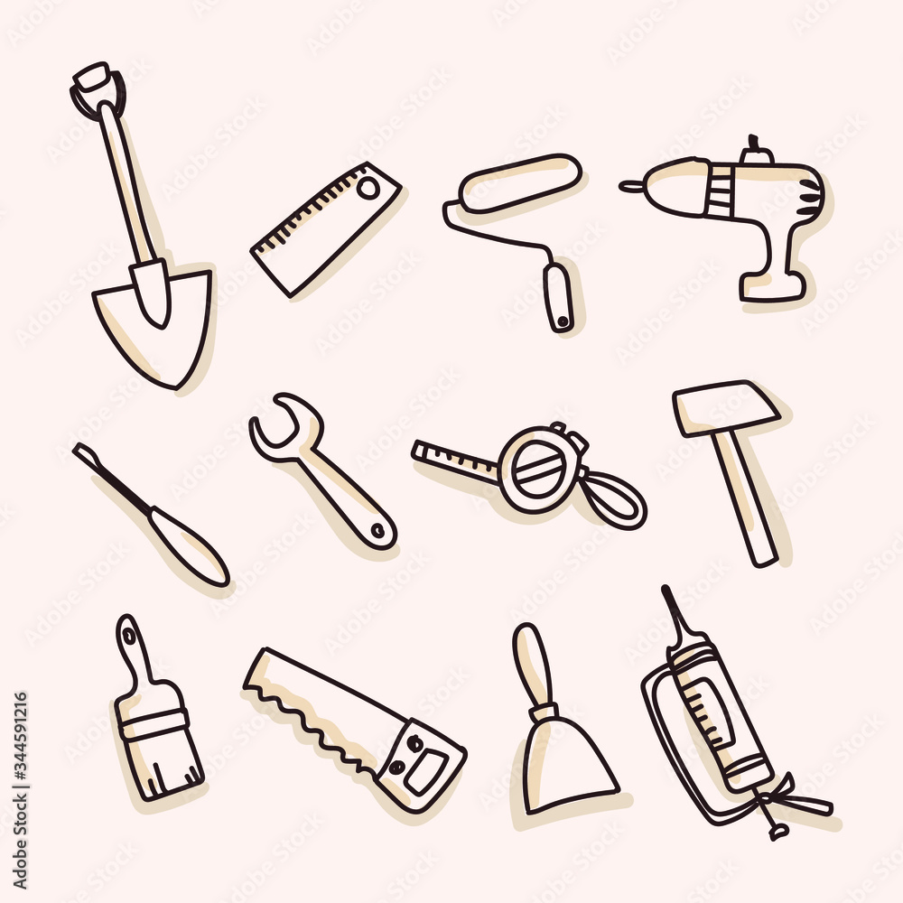 Construction tools on an isolated background. Shovel, screwdriver, ruler, hammer, screw driver, scraper, key, mounting foam. Use for construction stores, websites, and packaging. Vector. Construction tools on an isolated background. Shovel, screwdriver, ruler, hammer, screw driver, scraper, key, mounting foam. Use for construction stores, websites, and packaging. Vector.