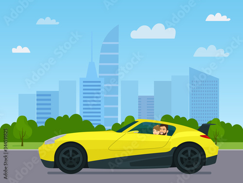 Fototapeta Naklejka Na Ścianę i Meble -  Sport coupe car with a driver man and woman on a background cityscape. Vector flat style illustration.