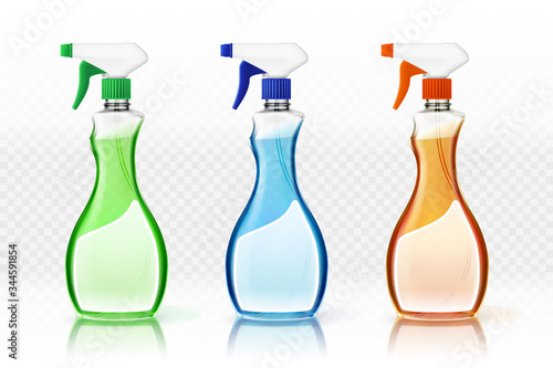 Set of blue, orange, green glossy plastic bottles for hygienic, antiseptic, cleaning products, sprays. To present your label. Objects, label, shadow, highlights and reflection on separate layers. The