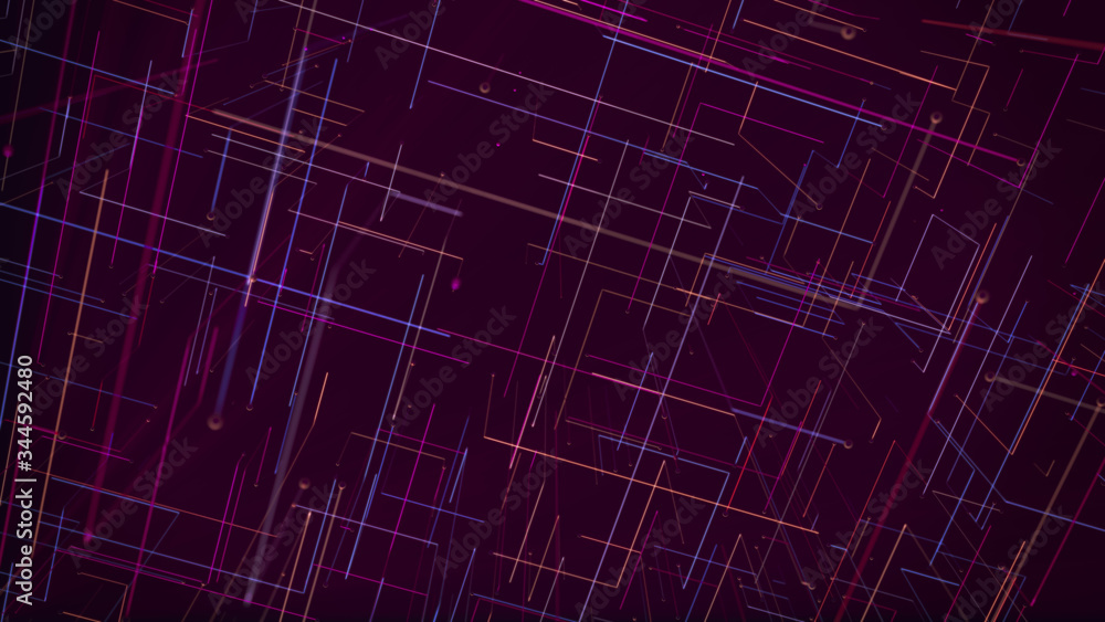Network technology concept abstrack background. Red and magenta Square lines in a dark background.