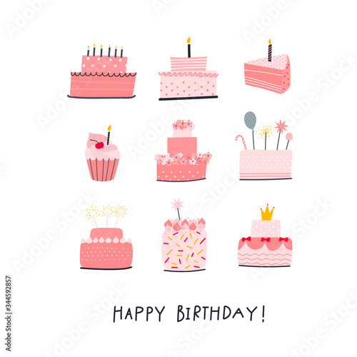 Happy Birthday cakes illustration lettering card