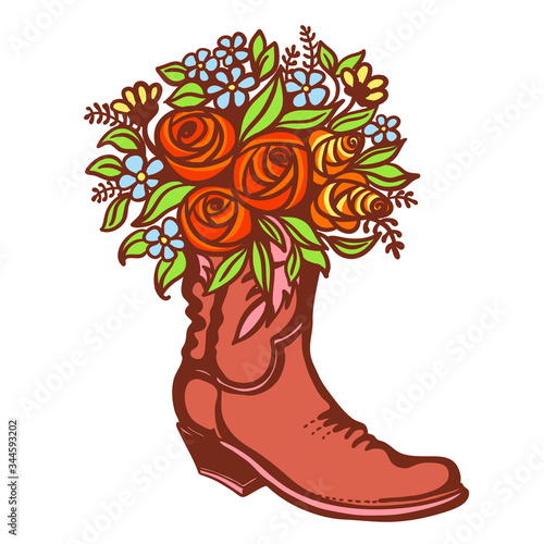 Flowers in boot. Cowboy boot with sunflowers. Vector color printable illustration isolated on white background. Hand drawn vector close-up graphic illustration. Country bouquete