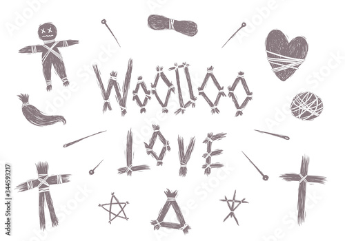 Hand drawn Halloween voodoo doll, vector illustration set