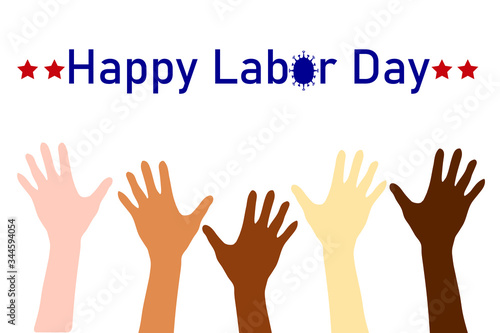 Vector illustration of multiracial raising hands tributing all healthcare workers during Coronavirus pandemic.  Happy Labor Day.