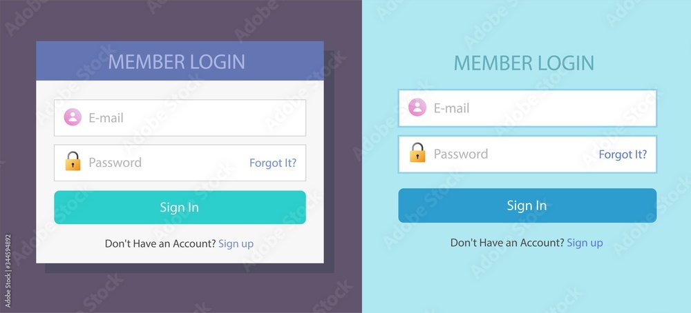Login or sign in screen form box ui web template with username and password fields set vector flat design illustration, website log in menu bar with signin button modern trendy mockup image