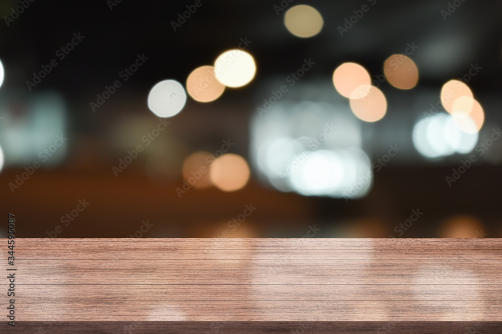3D Rendering, Wooden top table with bokeh light effect and blur restaurant on background, blur background 3D Rendering, Wooden top table with bokeh light effect and blur restaurant on background, blur background