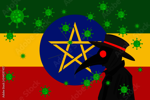 Black plague doctor surrounded by viruses with copy space with ETHIOPIA flag.